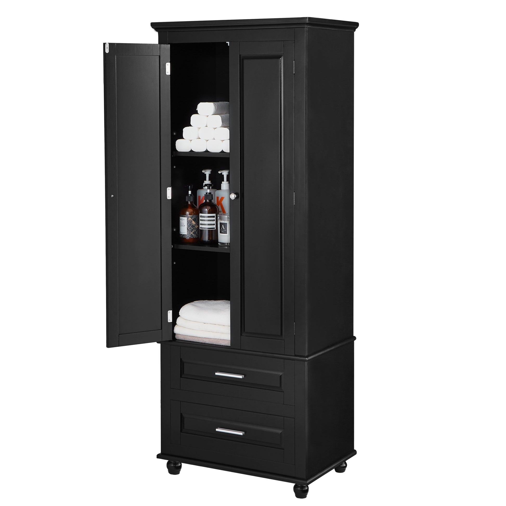 Tall Storage Cabinet with Two Drawers for Bathroom/Office, Black - Korvel