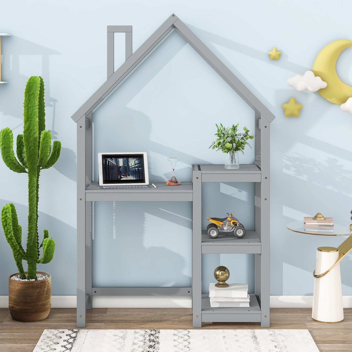 House-shaped Wooden writing Desk,Kids study Table,Bookshelf & Toy Storage,Grey - Korvel