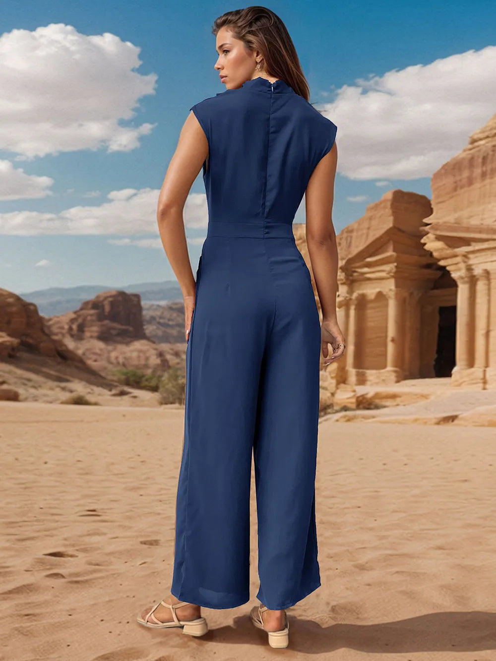 Ruched Mock Neck Sleeveless Jumpsuit - Korvel