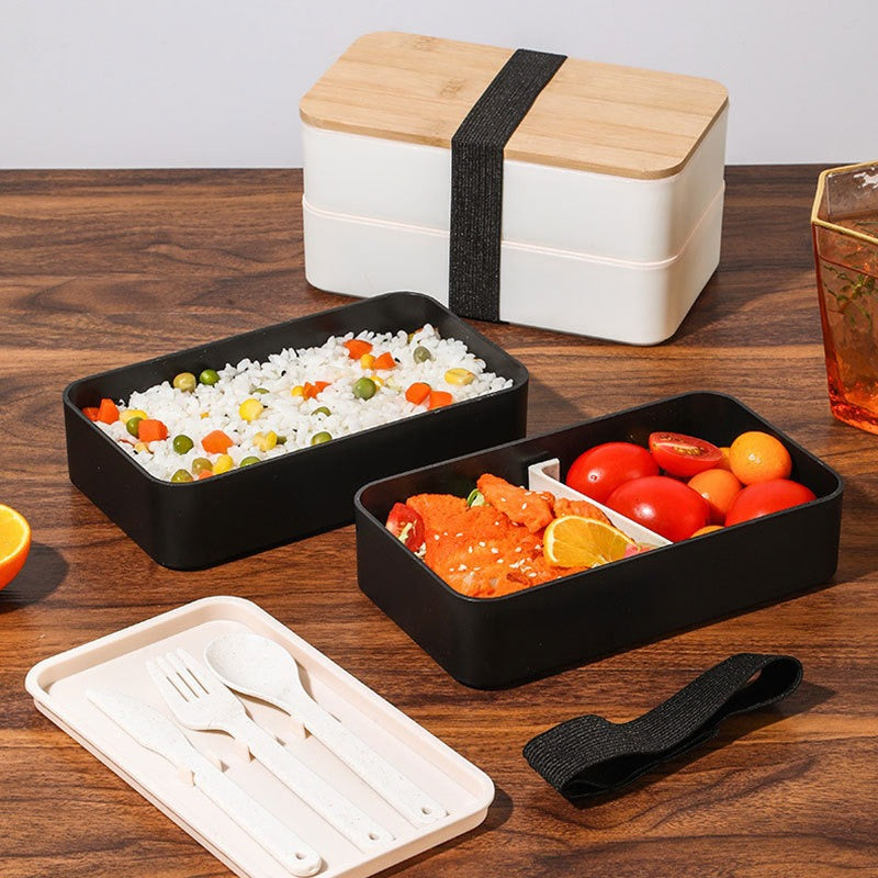 Wheat straw lunch box, Japanese style wooden lid bento box, household compartment, microwave oven lunch box, fresh-keeping box - Korvel