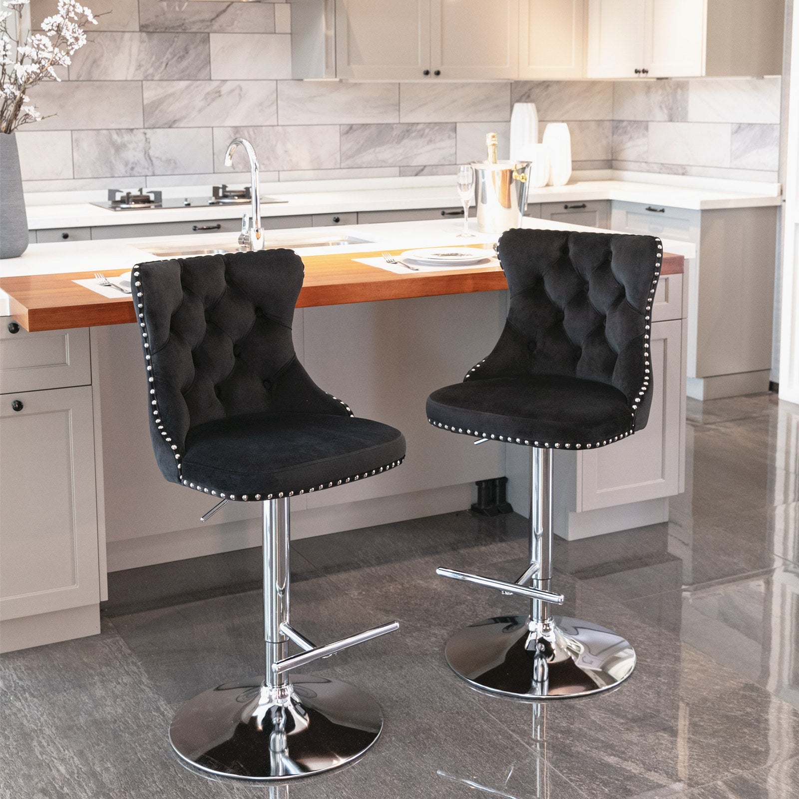 25-33 Inch, Modern Upholstered Chrome base Bar Stools with Back Comfortable Tufted for Home Pub and Kitchen Island（Black,Set of - Korvel