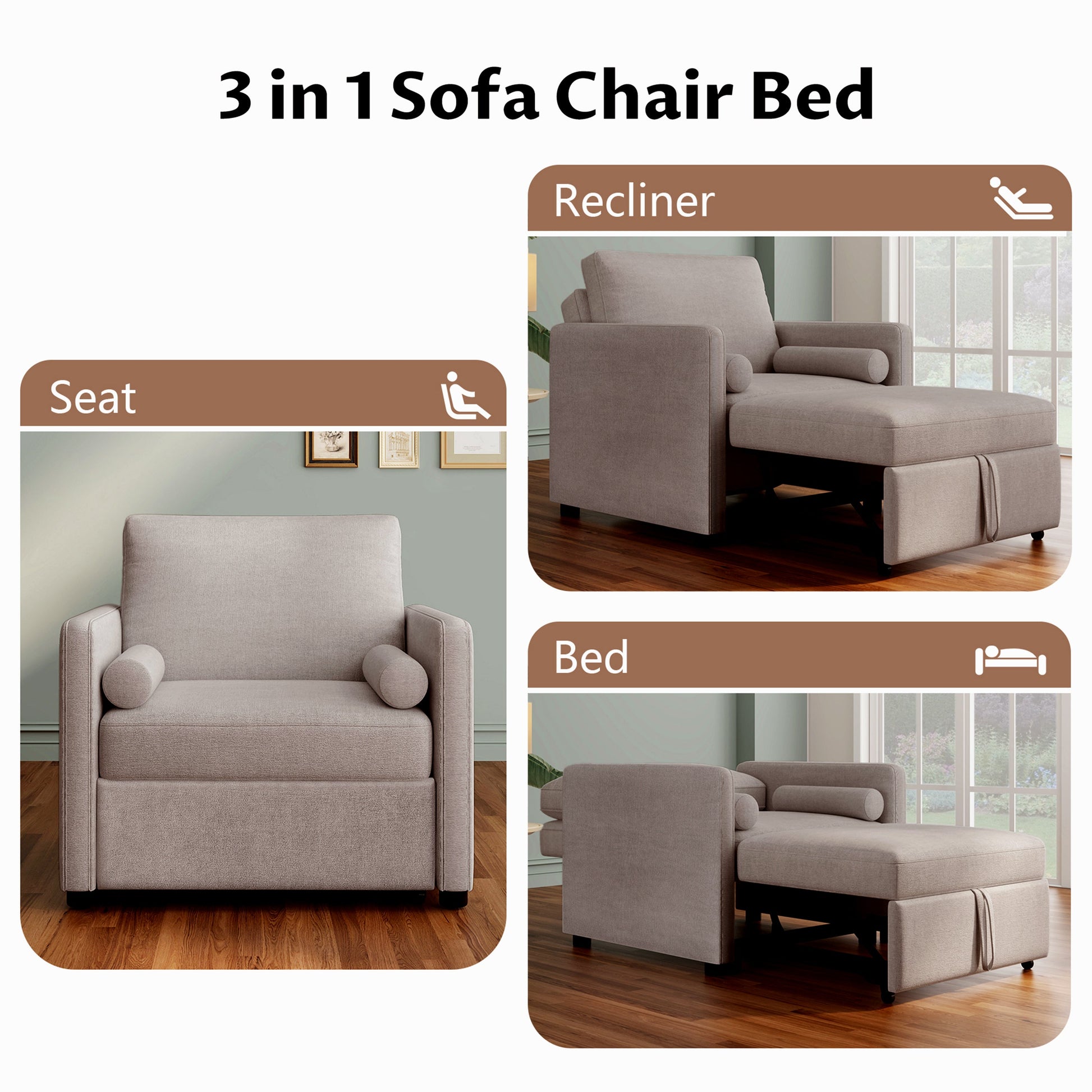 3 in 1 Convertible Sleeper Chair with Adjustable Backrest, Lounger Chair Turns Into Bed, Single Bed for Living Room, Linen, Tan - Korvel