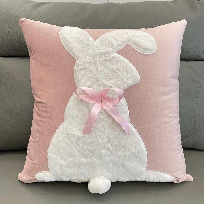 Charming Pink Bunny Velvet Pillow Cover