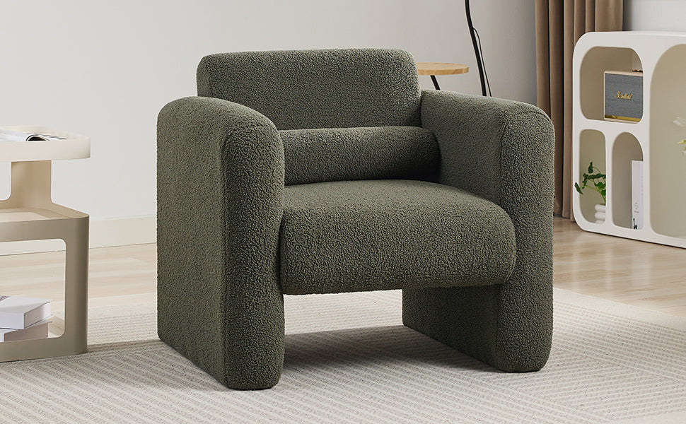 Modern style chair with sheepskin Sherpa fabric soft cushion, comfortable armchair, soft with backrest and pillow, seaweed green - Korvel