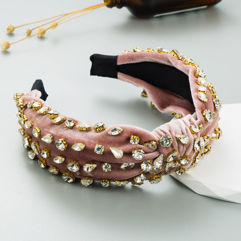 Exaggerated Fashion Hair Bands Female Corduroy Temperament Sweet Hair Ornaments Wide Side Knotted With Diamonds Headband - Korvel