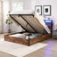 Elevating storage bed frame, full-size bed frame with bookshelf headboard and LED lights, with country brown color - Korvel