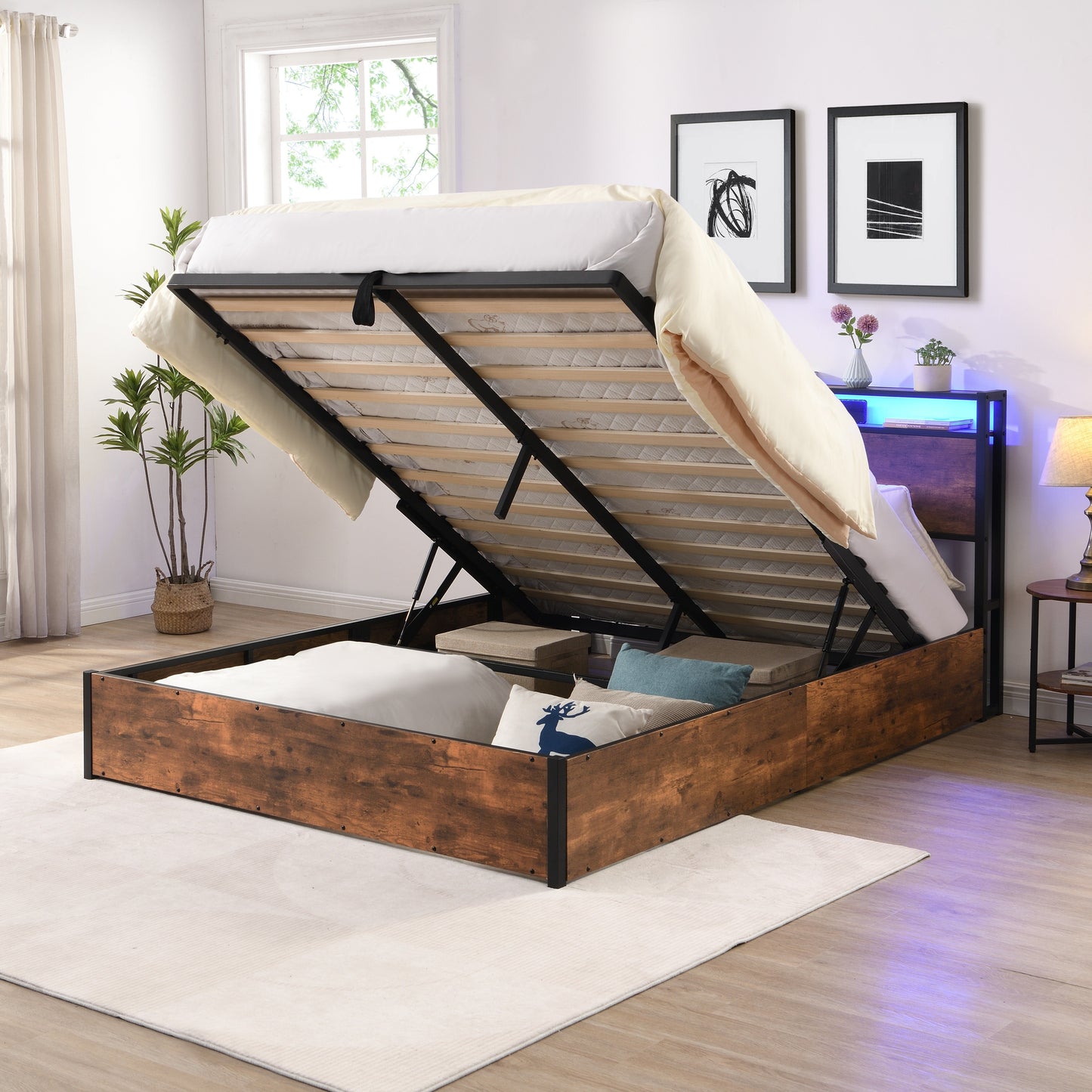 Elevating storage bed frame, full-size bed frame with bookshelf headboard and LED lights, with country brown color - Korvel