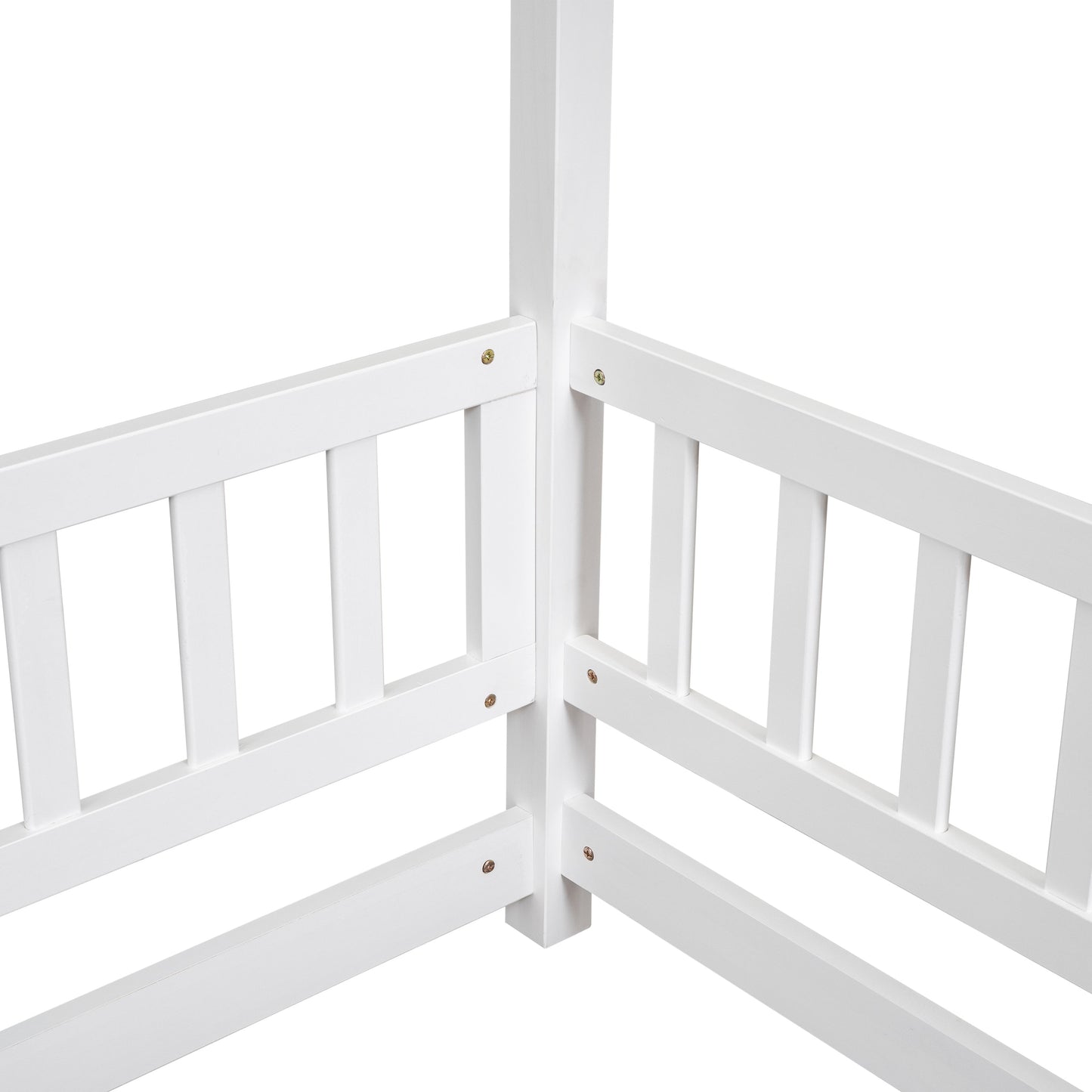Full Size Floor Wooden Bed with House Roof Frame and Guardrails - White