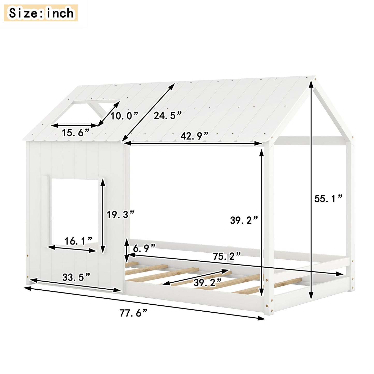 Twin Size House Bed with Roof and Window - White - Korvel