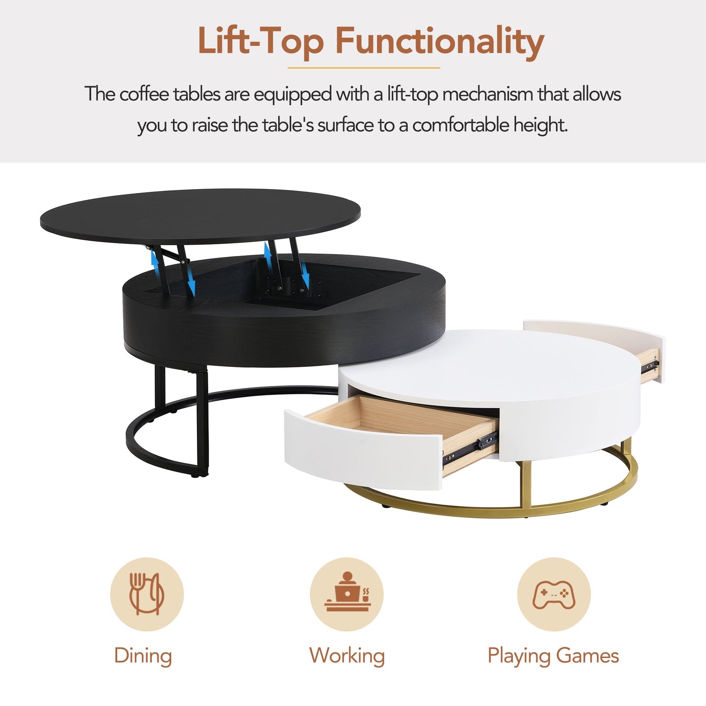 Tables basses empilables rondes modernes avec plateau relevable et tiroirs