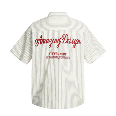 American Style Trendy Vertical Striped Embroidered Letter Short Sleeve Shirt Men's Loose Design Pockets Turn-Down Collar Shirt Summer - Korvel