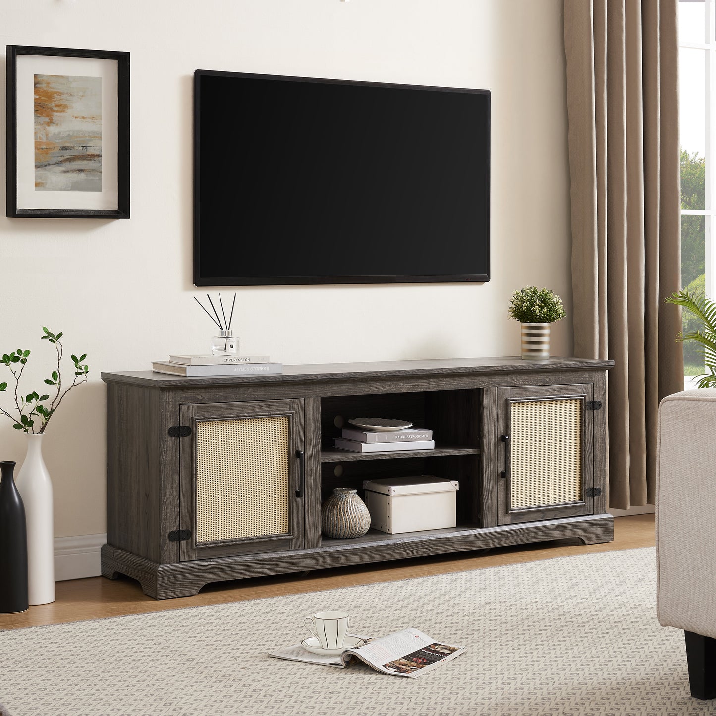 Vine TV stand console table, suitable for TVs under 70 inches, equipped with 2 storage shelves and 2 natural rattan doors, gray - Korvel