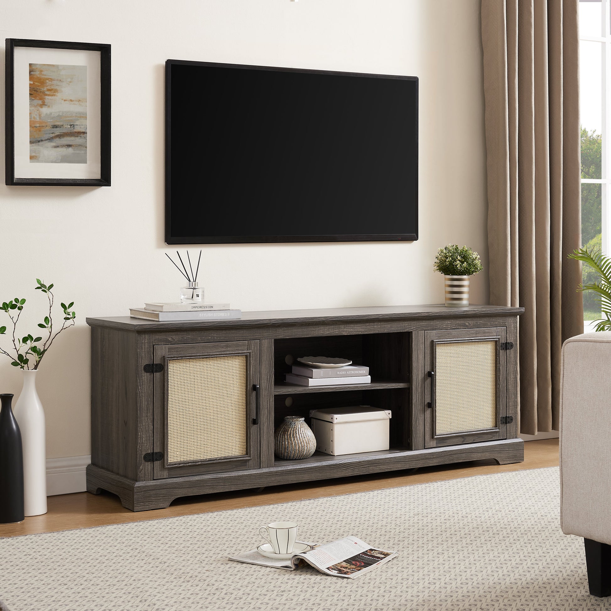 Vine TV stand console table, suitable for TVs under 70 inches, equipped with 2 storage shelves and 2 natural rattan doors, gray - Korvel