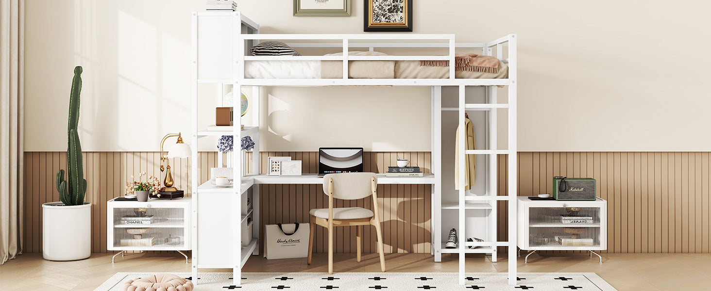 Metal loft bed with wardrobe and L-shaped desk, full-size loft bed with storage cabinet and shelf, white - Korvel