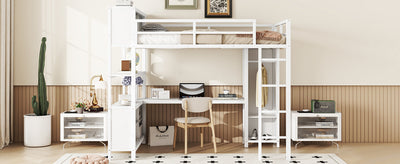 Metal loft bed with wardrobe and L-shaped desk, full-size loft bed with storage cabinet and shelf, white - Korvel