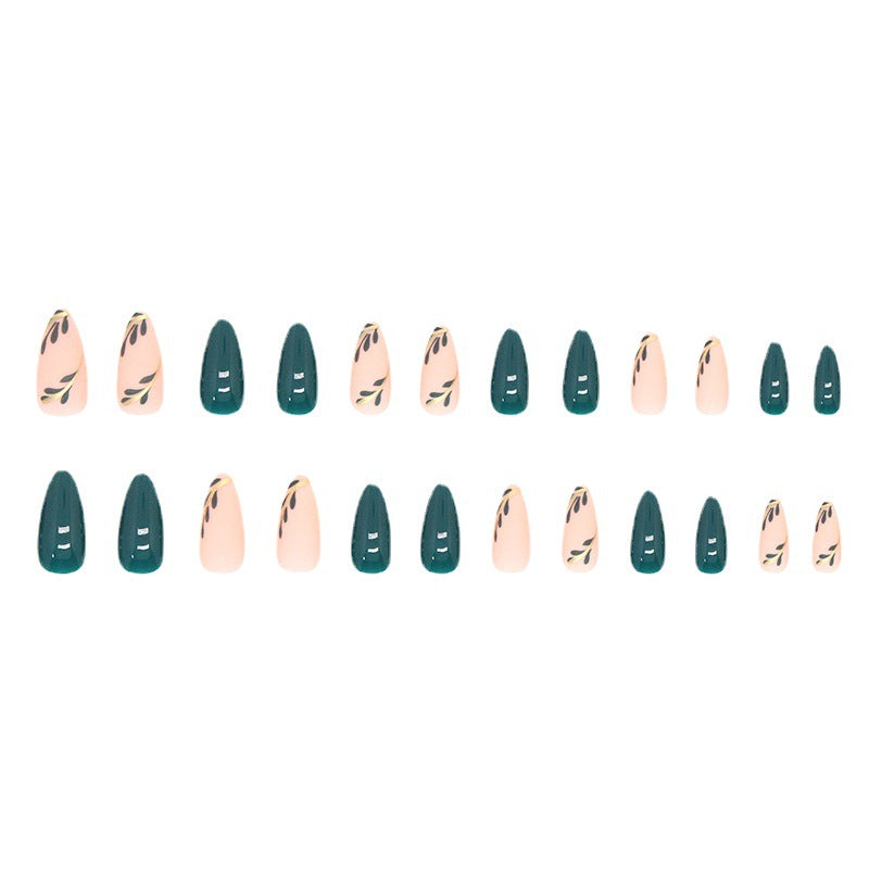 Almond Fake Nails with Green Leaves Design Elliptic Acrylic False Nails Wearable French Press on Nail Manicure Tips - Korvel
