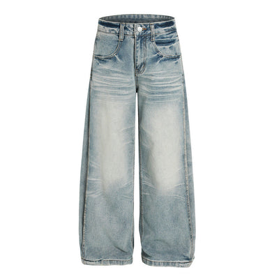 Punk Washed Gradient Wave Pattern Denim Pants Men's Loose Wide Leg Long Trousers Vibe Trendy Distressed Straight Leg Jeans - Korvel