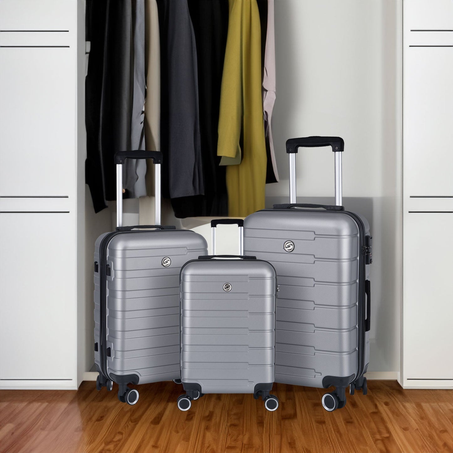 Luggage Suitcase 3 Piece Sets Hardside Carry-on luggage with Spinner Wheels 20"/24"/28" Silver+Grey + ABS - Korvel