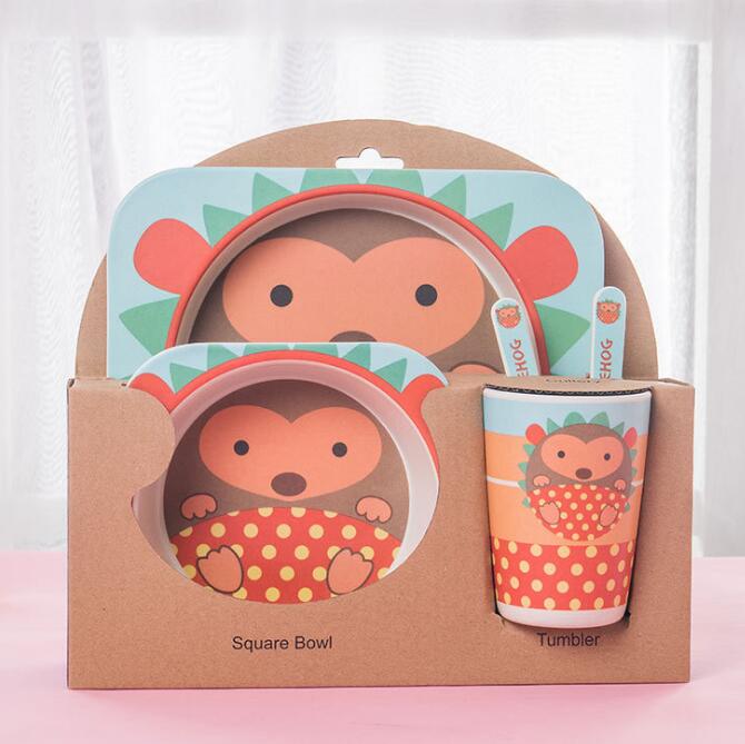 5pcs/set Children Baby Bamboo Fiber Tableware Baby Tableware Set Cartoon Animal Tableware Aet - Korvel