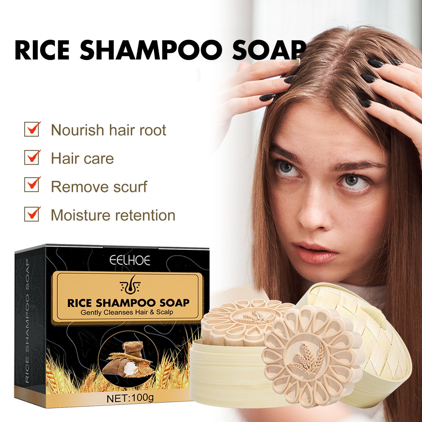Rice Anti-Slip Shampoo Soap, Moisturizes Scalp Cleans Hair Repairs Damaged Hair And Strengthens Hair Shampoo Soap - Korvel