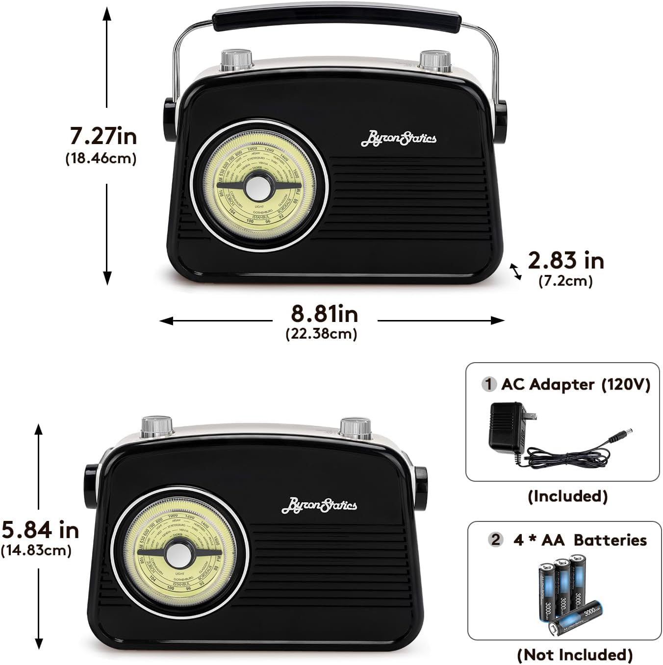 Black AM FM Radio - Small Portable Radios Vintage/Retro with Headphone Jack, Large Analog Rotary Tuning Dial - Korvel