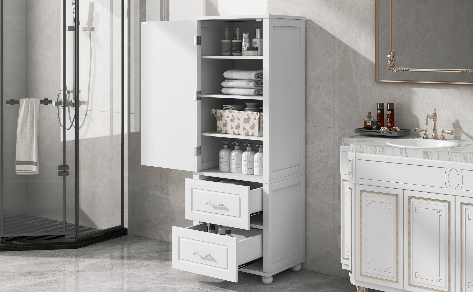 Tall bathroom storage cabinet with two drawers and adjustable shelves for independent storage - Korvel