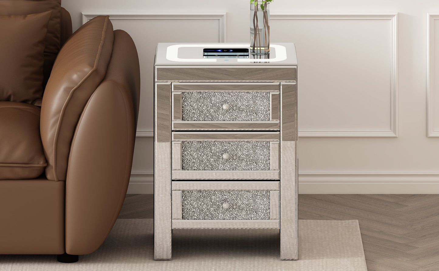 U-Can 15.7" Silver Rectangular Mirror Coffee Table with Charging Function