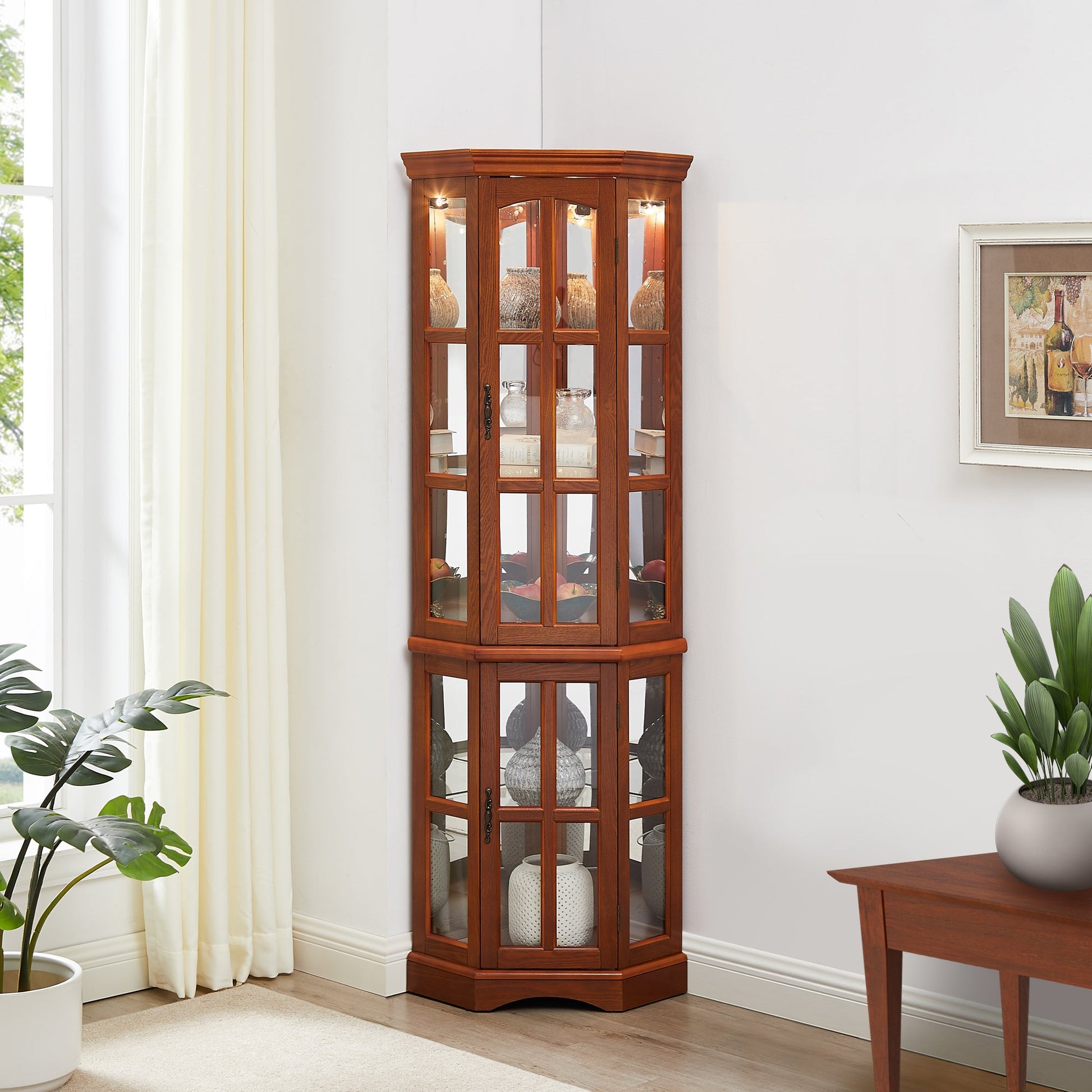 Corner Curio Cabinet with 5 Shelves and Lighting System, Oak(E26 light bulb not included) - Korvel