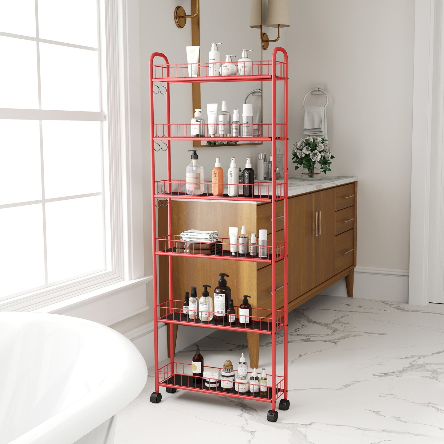 Red 6-story rolling cart gap kitchen ultra-thin sliding out storage tower shelf with wheels, 6 baskets - Korvel