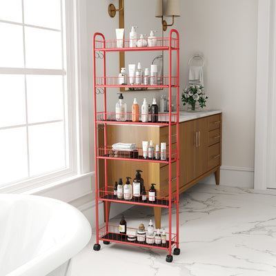 Red 6-story rolling cart gap kitchen ultra-thin sliding out storage tower shelf with wheels, 6 baskets - Korvel