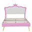 Full Size Upholstered Bed Frame with LED Lights, Modern Upholstered Princess Bed with Crown Headboard, Pink+White - Korvel