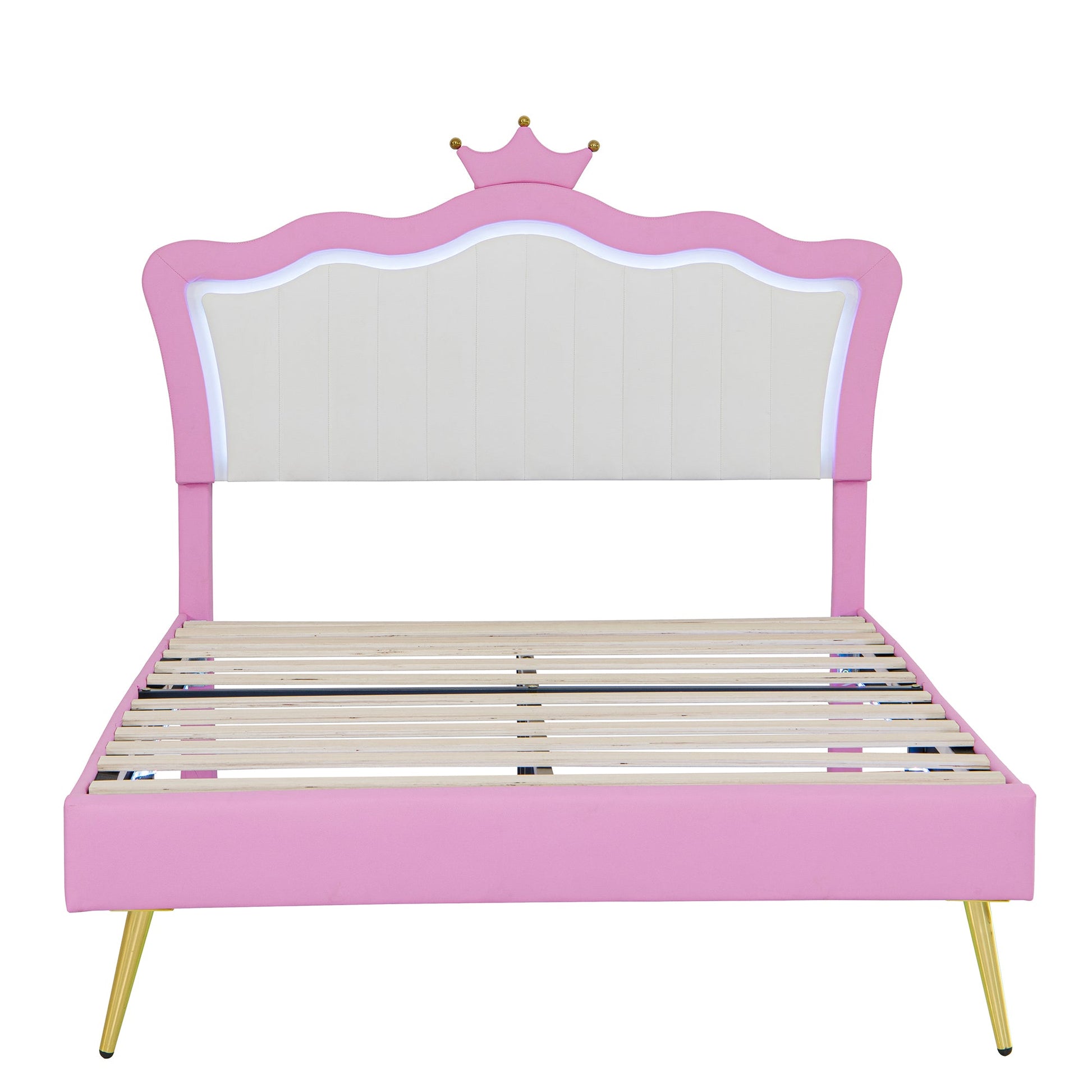Full Size Upholstered Bed Frame with LED Lights, Modern Upholstered Princess Bed with Crown Headboard, Pink+White - Korvel