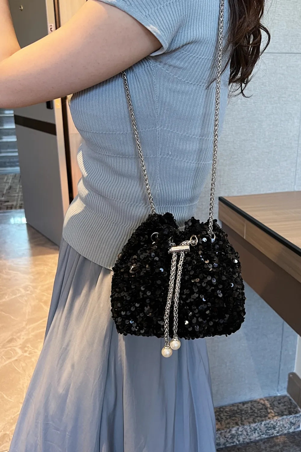 Sequin Chain Drawstring Bucket Bag - Korvel