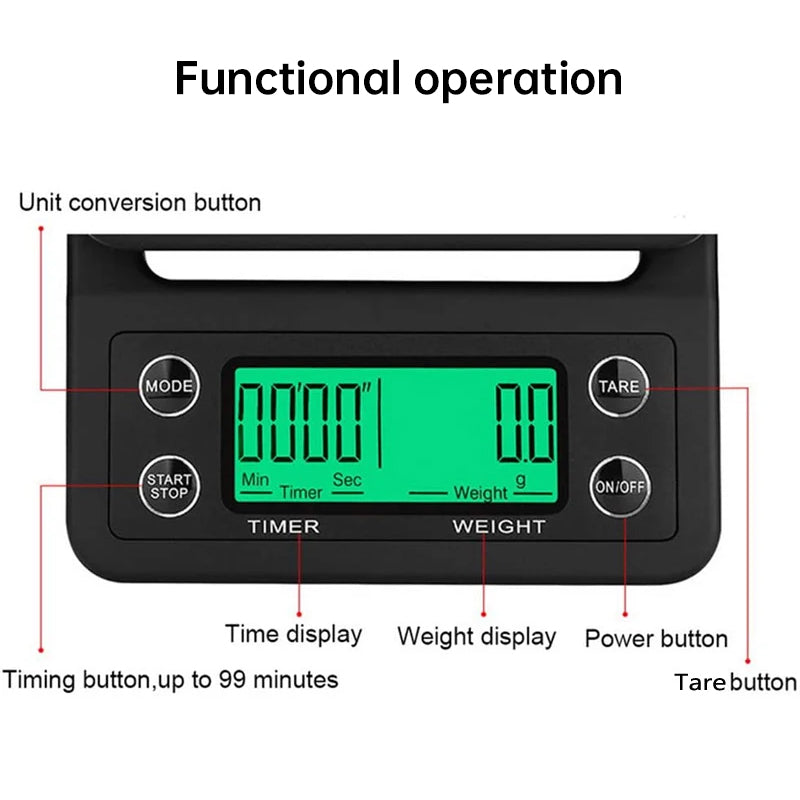 Digital kitchen coffee scale with timer, high - precision LCD, 5kg/0.1g - Korvel