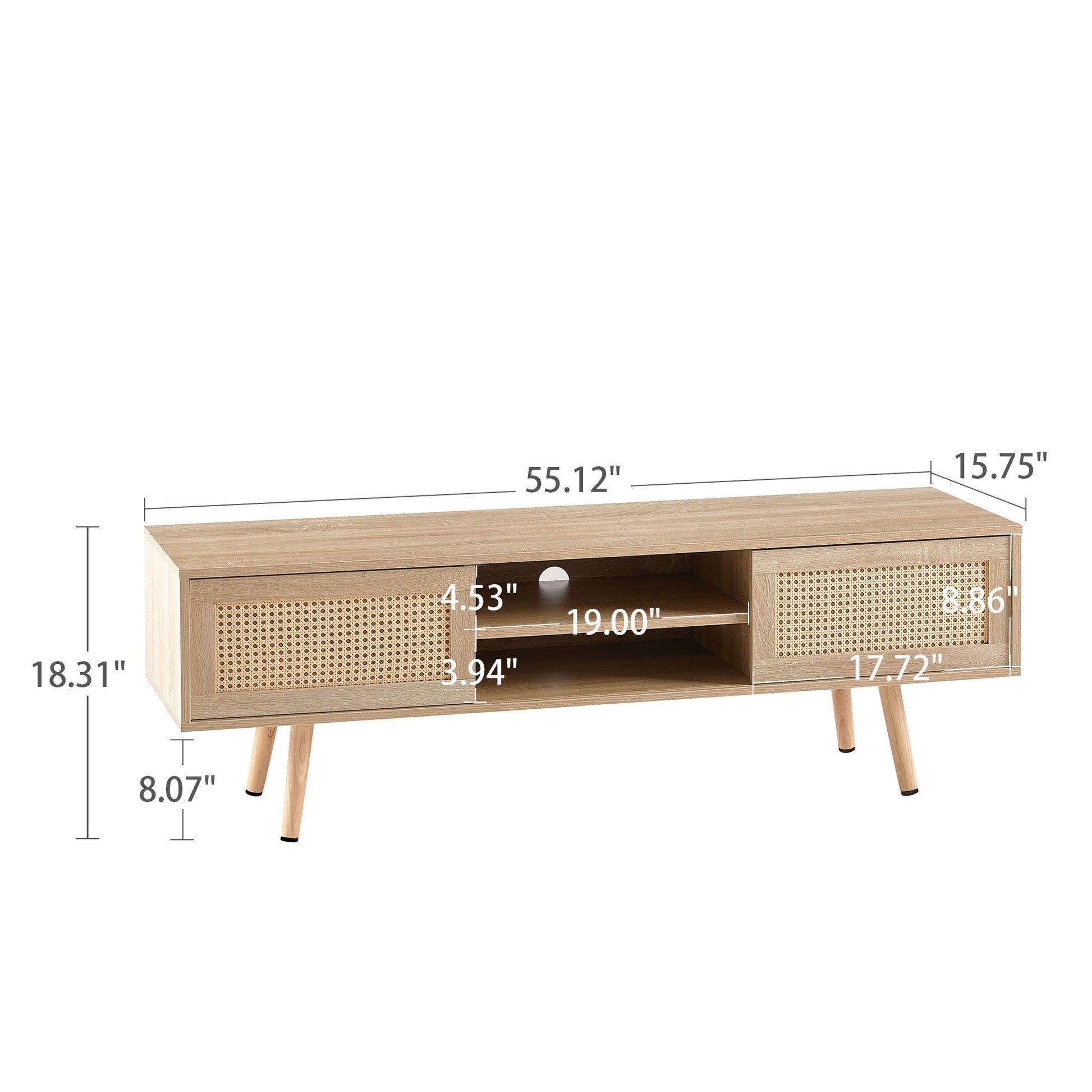 55.12" Rattan TV cabinet double sliding doors for storage adjustable shelf solid wood legs TV console for living room natural - Korvel