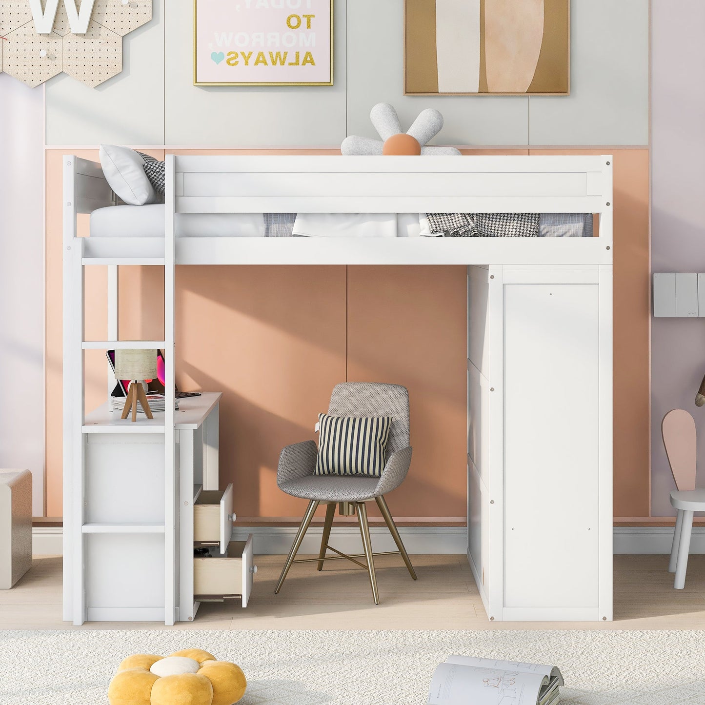 Wood Twin Size Loft Bed with Wardrobes and 2-Drawer Desk with Cabinet  White - Korvel