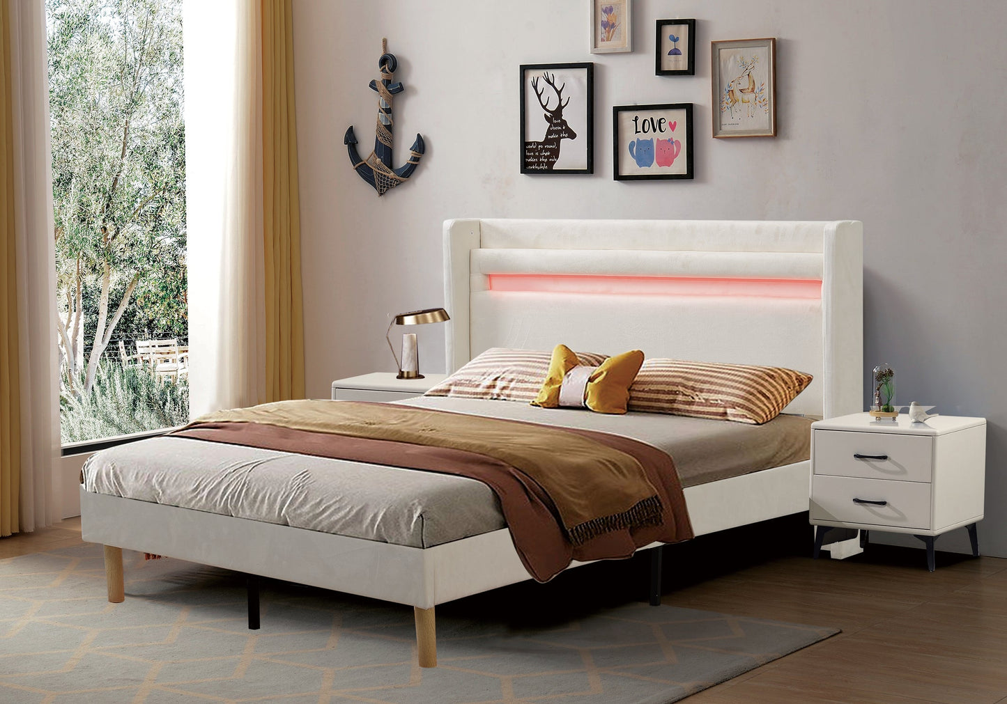 LED light with remote control and color changing at the head of the bed. The bed is firm and stable and easy to assemble - Korvel