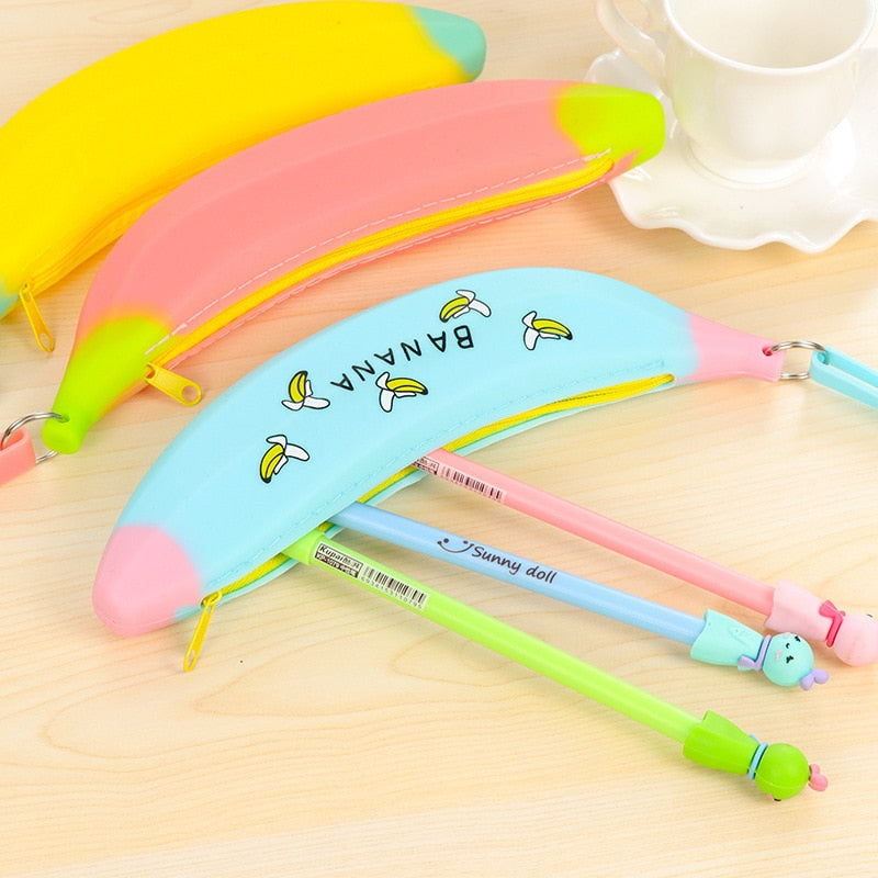 Simple Banana Green Onion Student Pencil Bag Super Cute Silicone Large Capacity Female Pencil Case Purse - Korvel