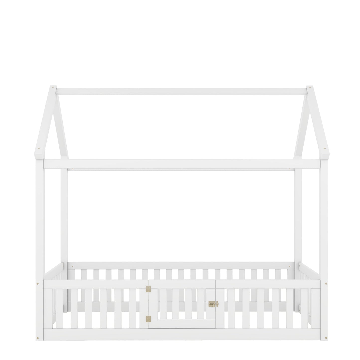 Twin Size Wood House Bed with Fence and Door, White - Korvel