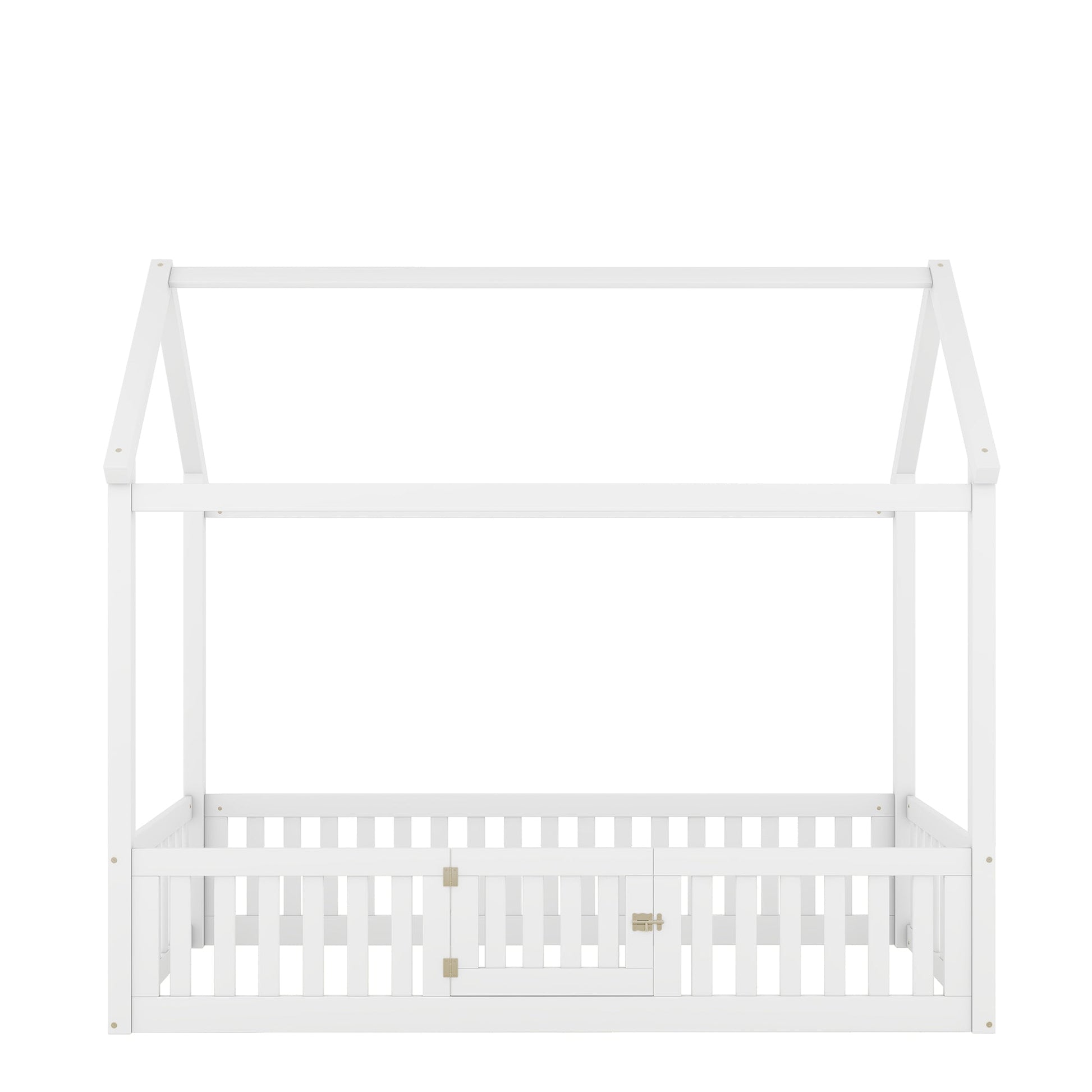 Twin Size Wood House Bed with Fence and Door, White - Korvel