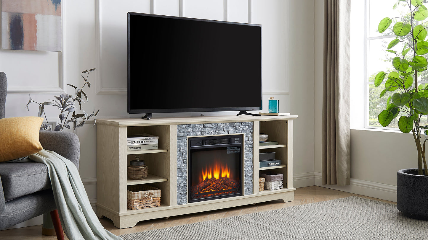 Meuble TV avec foyer électrique en pierre Mantel et rangement ouvert