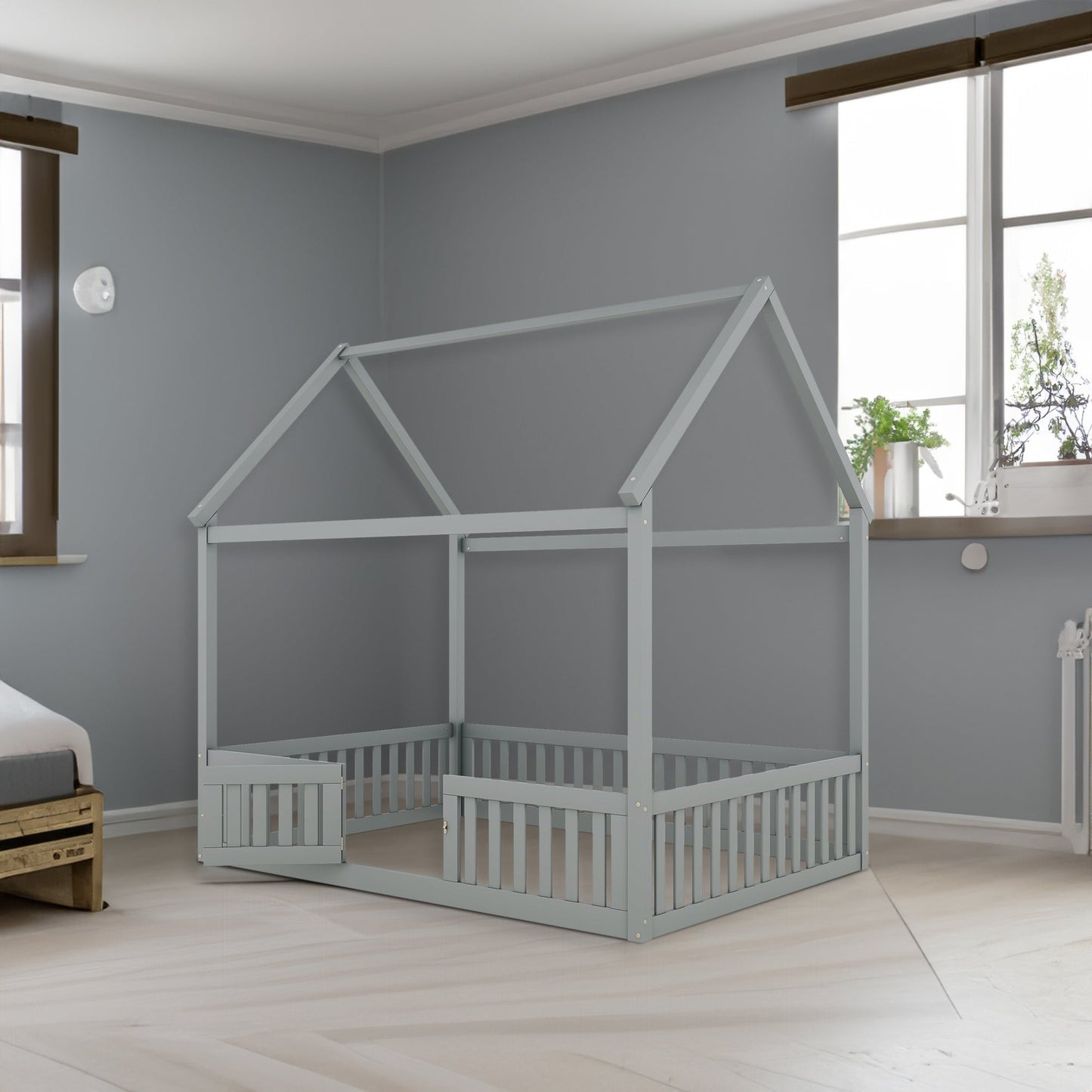 Full Size Wood House Bed with Fence and Door, Gray - Korvel