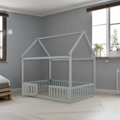 Full Size Wood House Bed with Fence and Door, Gray - Korvel