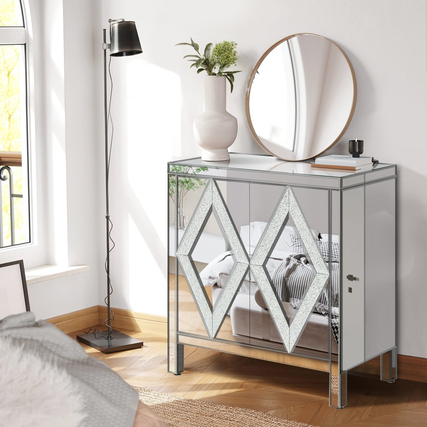 Storage Cabinet With Mirror Trim And Diamond Shape Design Spliced Combination For Living Room, Dining Room, Entryway, Kitchen - Korvel