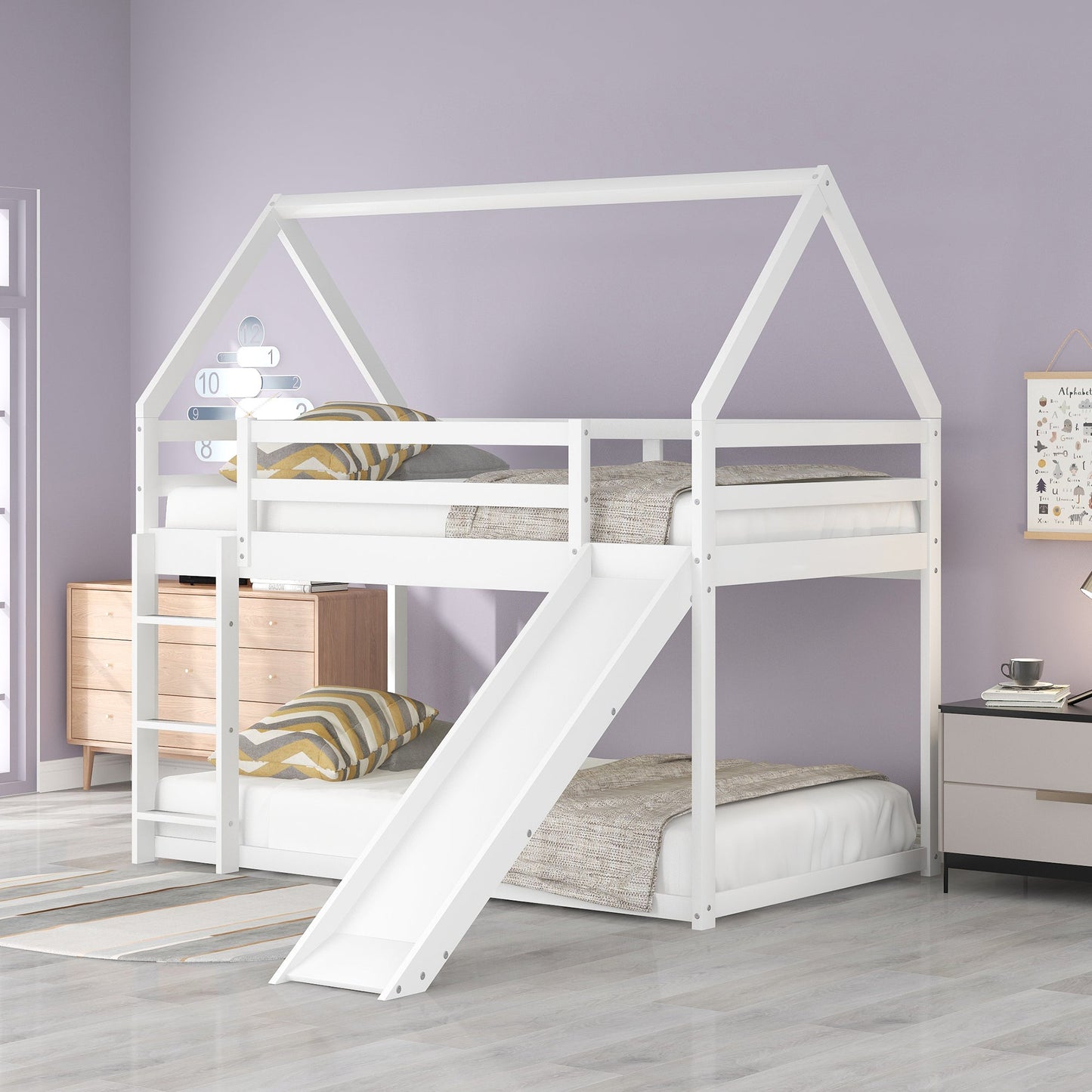 Twin Size Bunk House Bed with Slide and Ladder White - Korvel