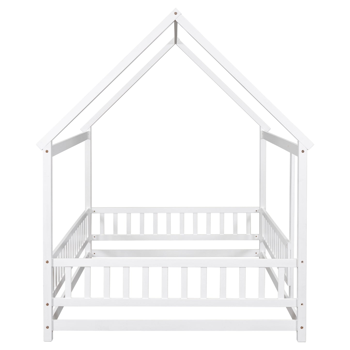 Full Size Floor Wooden Bed with House Roof Frame and Guardrails - White