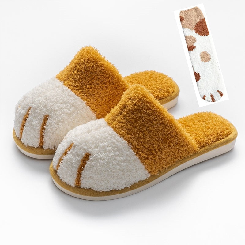 Winter House Warm Fur Slipers For Women Cute Cat paw Designer Bedroom Warm Plush Shoes Non-slip Indoor Women Furry Slippers - Korvel