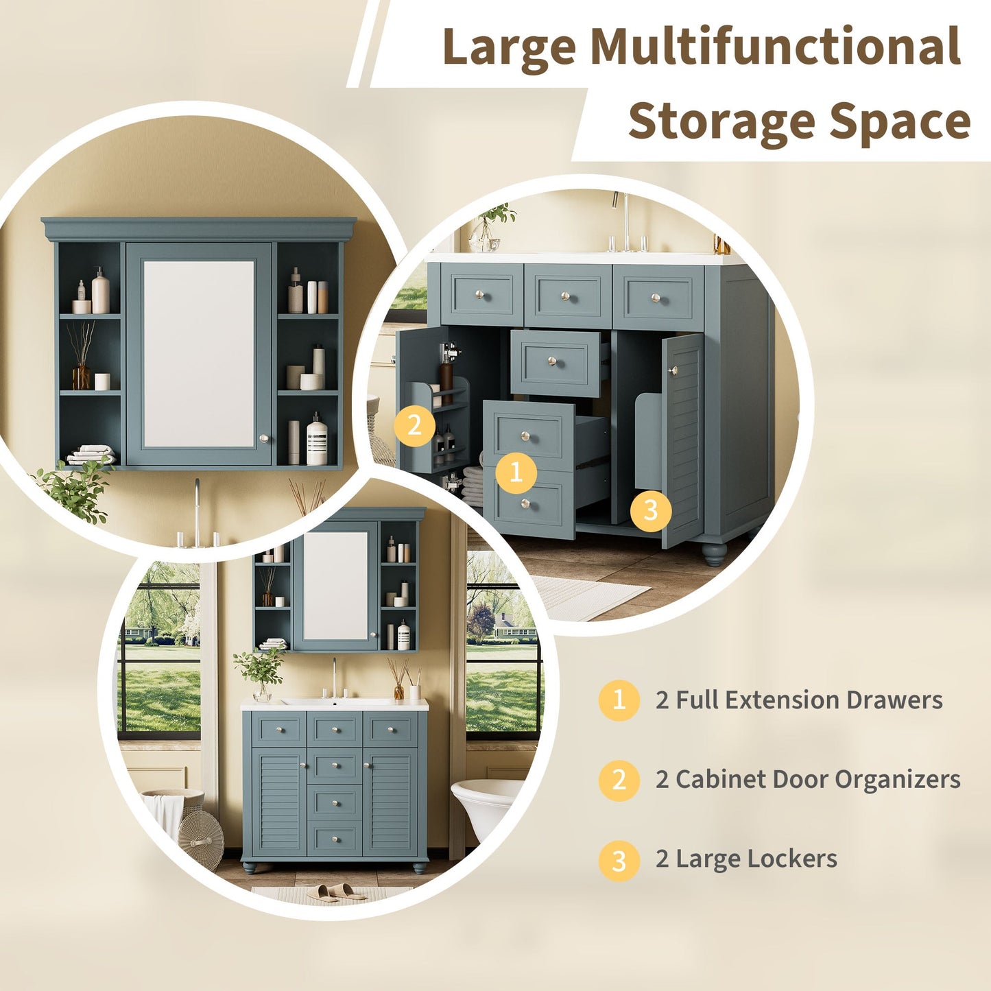36 inch modern mirror cabinet with adjustable shelves, 2 soft closing doors, and 6 drawer storage cabinet door organizers - Korvel