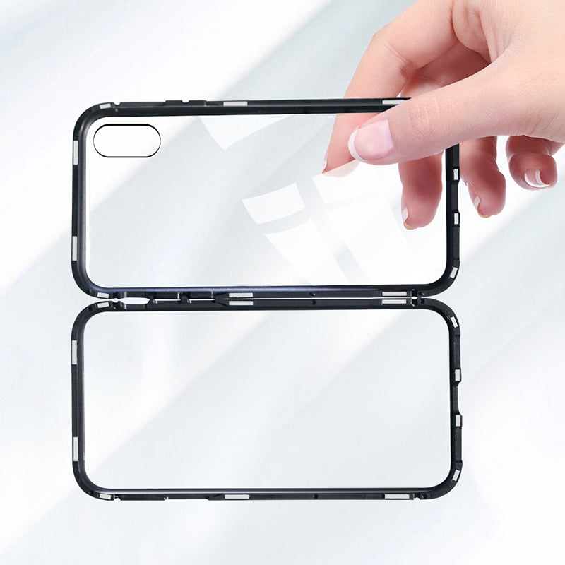Double sided  Magnetic Case for iPhone X Clear Tempered Glass Magnet Adsorption Case - Korvel