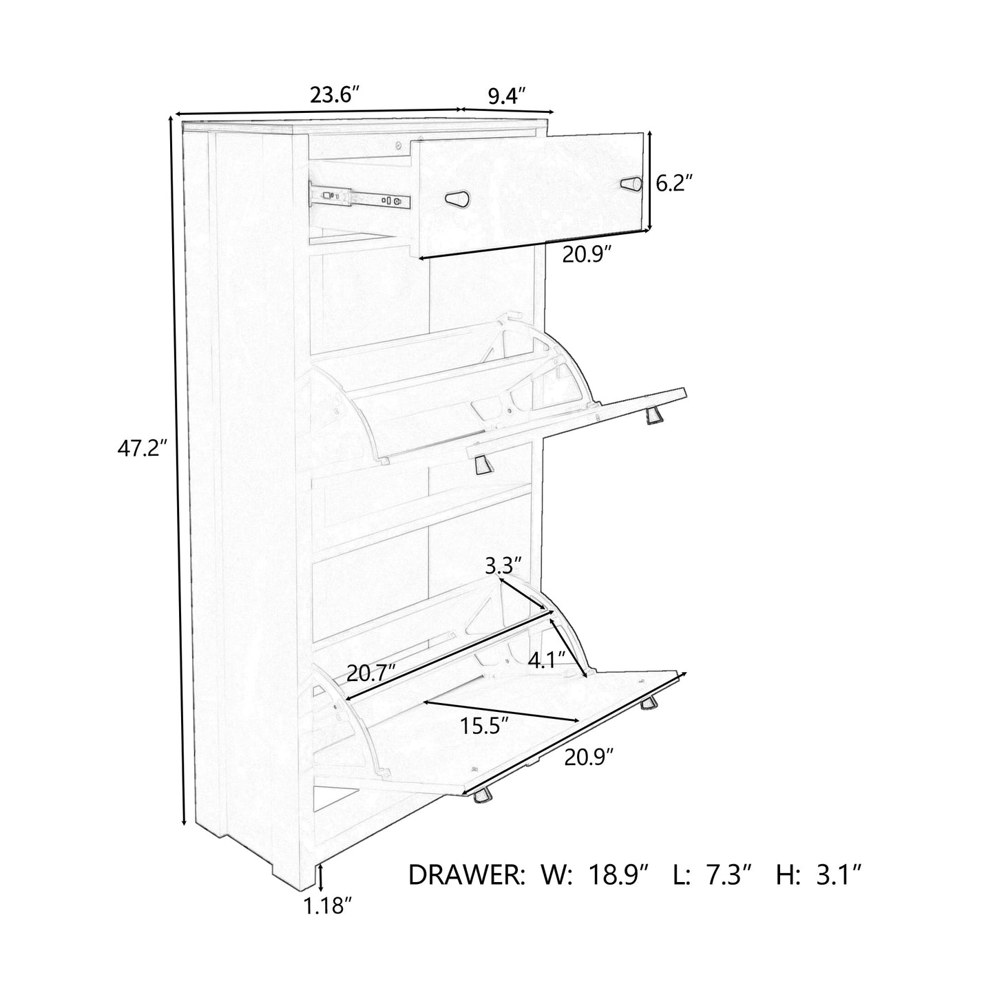 ONTREND with 2 flip drawers, top shoe cabinet with drawers, independent shoe rack with adjustable panel, white - Korvel
